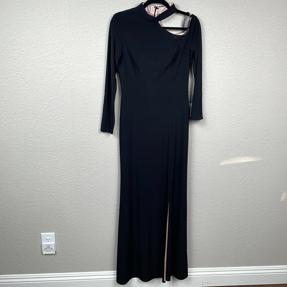 NWT Xscape Black Cutout Shoulder Long Sleeve Gown Maxi Dress Slit Sz 10 - Picture 3 of 14